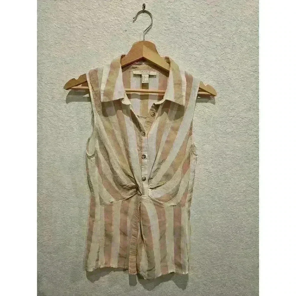 FOREVER 21 Women Beige & Off-White Striped Twisted Shirt Style Top SZ Small